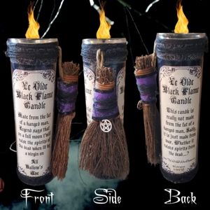 Hocus Pocus Black Flame Candle w Scented Witch Broom Black Wax and Accen…